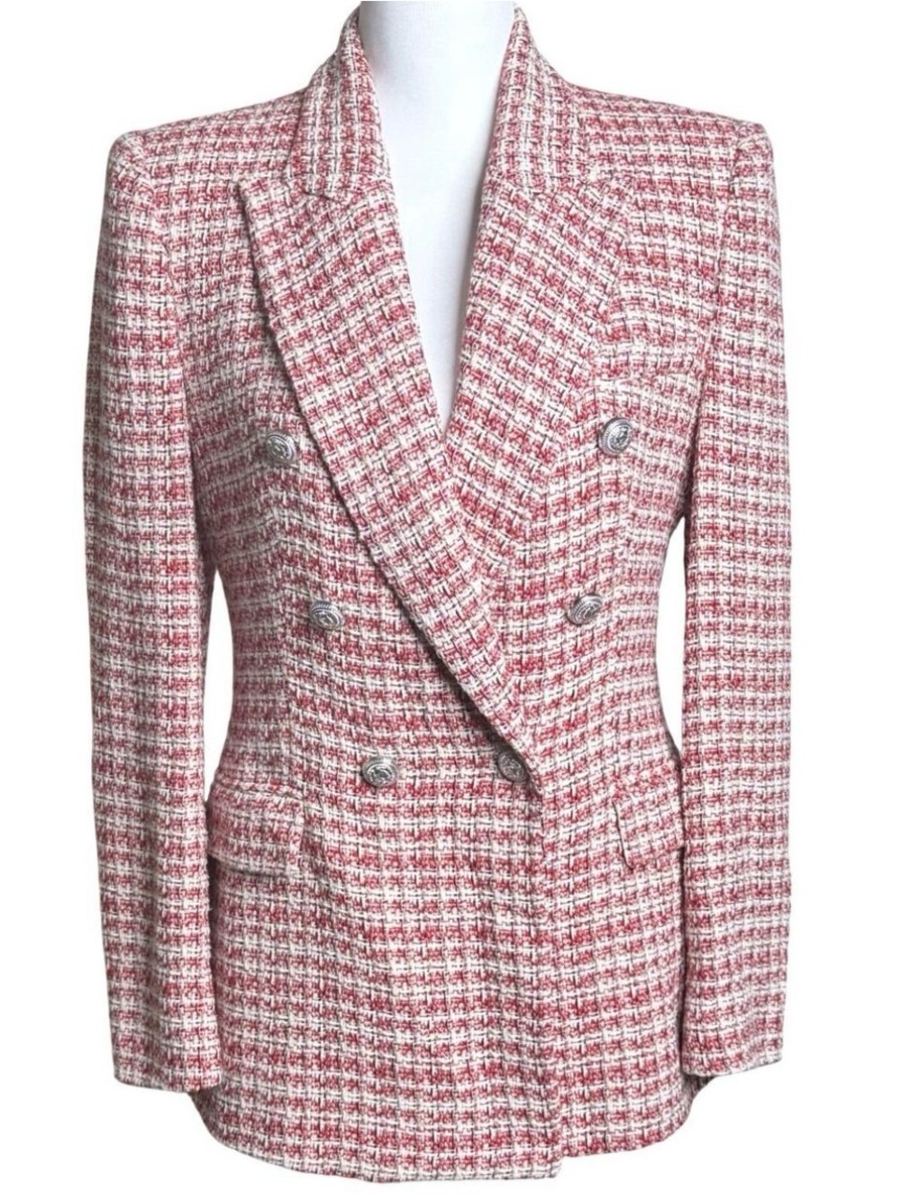 Zara Tweed Double Breasted Crest Buttton Blazer Red Cream Plaid
